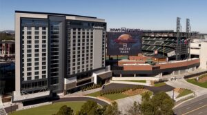 Aerial view of the Omni Hotel and Truist Park